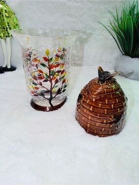 Hand-Painted Crackle Glass Vase with Autumn Leaf Design & Ceramic Honey Pot 🍯